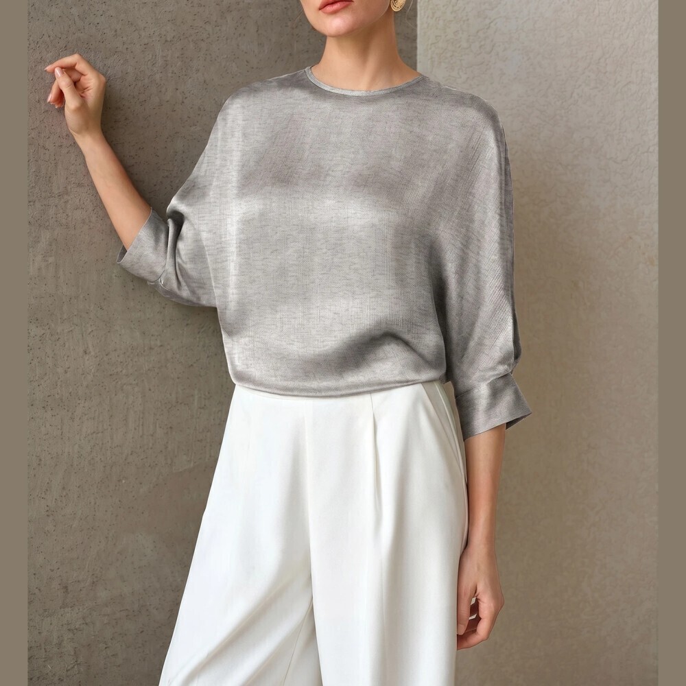 Gray Silver Satin Round Neck Dolman Sleeve Cuffed Blouse